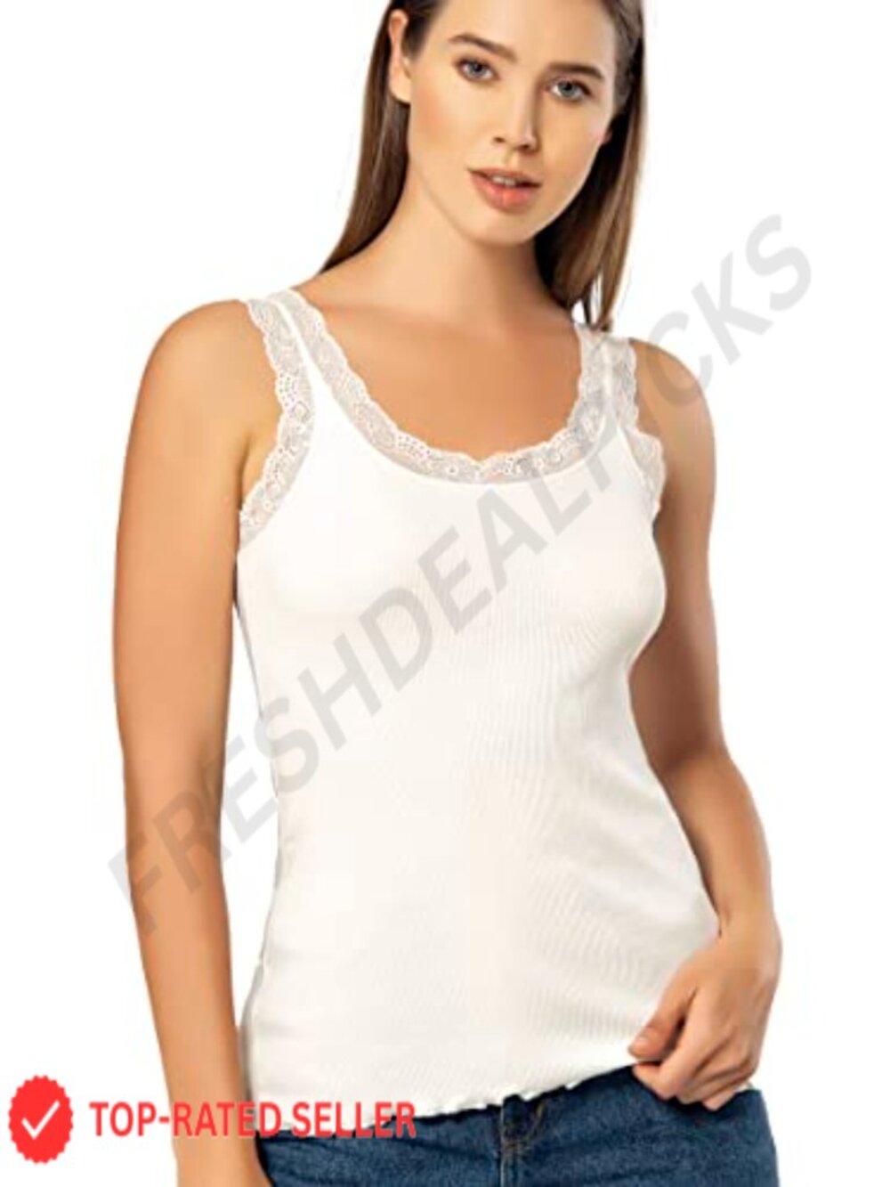 VAVONNE Lace Trim Ribbed Cotton Camisole Tank Top Women Fitted